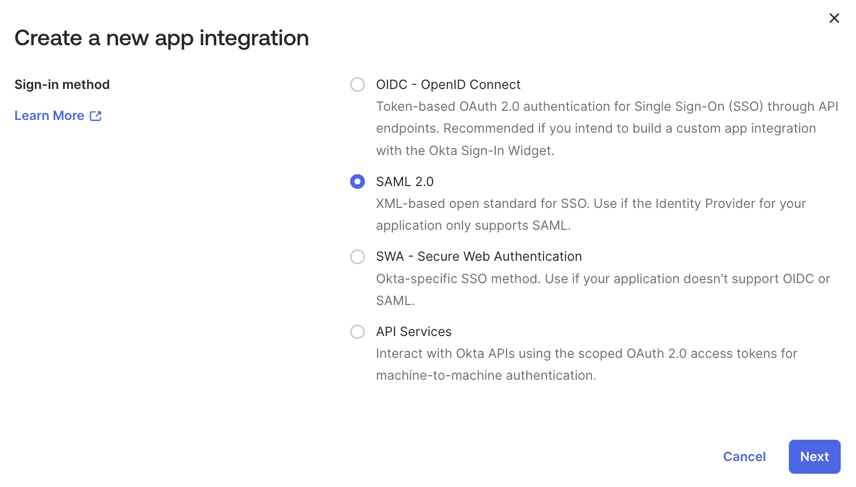 Select SAML 2.0 as sign-in method