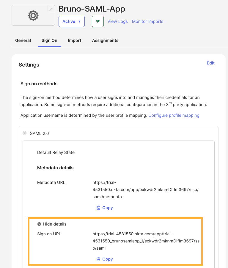 Copy SAML metadata from Okta